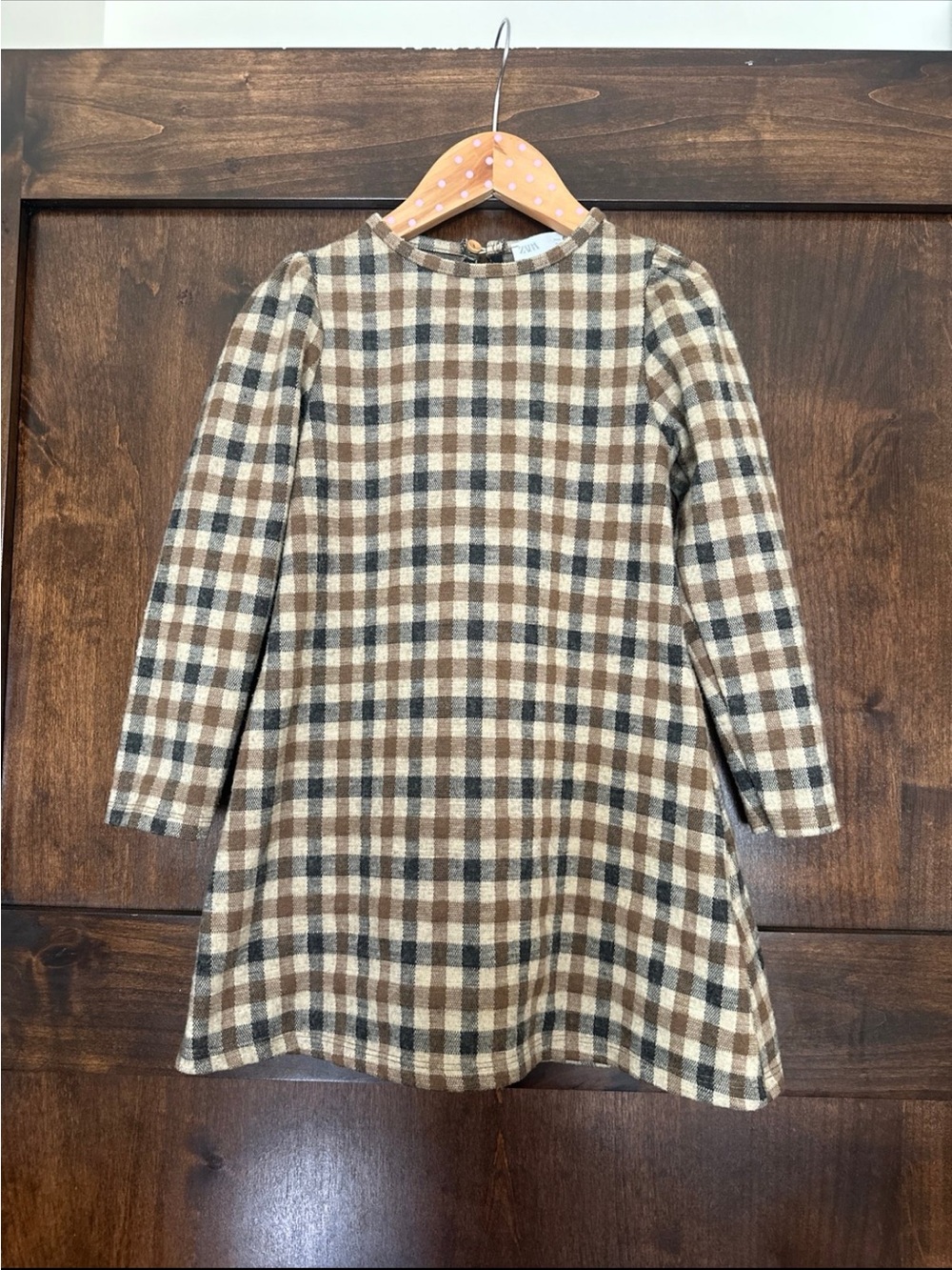 Zara Brown Cream Plaid Long-Sleeve A-Line Dress